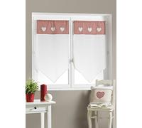 Home Maison - Paire de Petits Voilages en Étamine avec Parement Vichy - Polyester - Ourlet Passe Tringle - Appliques Cœur en Fausse Fourrure - Fenêtre Salon Chambre Cuisine - 60 x 120 cm - Blanc