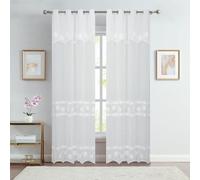 Home Maison - Paire Voilages Brodé Fleurs pour Baie Vitrée - Polyester 100% - Motif Brodé Blanc ou Taupe - 8 Œillets Métalliques - Installation Facile - 140 x 240 cm - Blanc