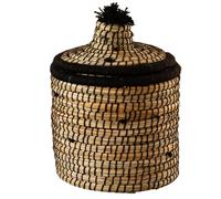Home Maison - Panier avec Couvercle Laine - Rotin Naturel - Finitions en Laine Unies - Accessoire Déco Compact - Rangement Pratique - Ø 20 cm - 20 x 25 cm - Noir