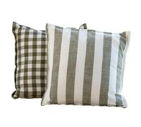 Home Maison QABANE - Housse de Coussin 100% Coton Rayures et Vichy LOURMARIN - Réversible - Style Authentique et Convivial - Salon Chambre Canapé Fauteuil - 45 x 45 cm - Kaki