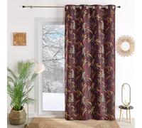 Home Maison QABANE - Rideau Jacquard Motif Panthère - Polyester - Tamisant avec Œillets Ronds - Ambiance Exotique Végétale - Salon Chambre Cuisine - 140 x 260 cm - Bordeaux