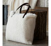 Home Maison QABANE - Sac Sherpa avec Anses Imitation Cuir - Polyester Effet Peau de Mouton - Fermeture Zippée - Accessoire Déco Automne-Hiver - 45 x 45 cm - Blanc Cassé