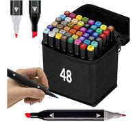 Home Markt24 Lot de 48 marqueurs à l'alcool - Double face - Avec pointes fines et biseautées pour artistes et designers - Imperméables, mélangables avec étui de rangement pour téléphone portable