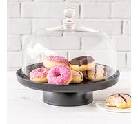 Home of Cake Puro Medium Présentoir à gâteau, avec pied, noir mat, avec couvercle en verre, diamètre : 28,5 cm, en céramique, pour mariages, anniversaires, fêtes