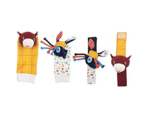 Home Play Ensemble de chaussettes hochet de poignet pour bébé, jouets sonores en peluche douce, compagnon sensoriel portable 4 pièces pour nourrissons, jouet quotidien de recherche de pieds pour bébé,