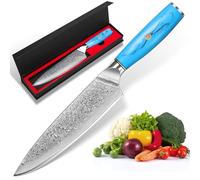 Home Safety Couteau de Chef, Couteaux Japonais Professionnelle en Acier Damas 67 Couches, Lame de 20cm Ergonomique Résine Bleue Handle avec Boîte Cadeau