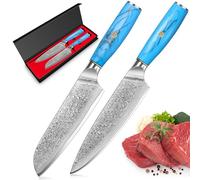 Home Safety Couteaux de Cuisine 2pcs,Couteau Cuisine 20cm + Couteau Cuisine Santoku 17.5cm,Couteau de Chef en Acier Damas de 67 étages, Manche Ergonomique avec Boîte Cadeau