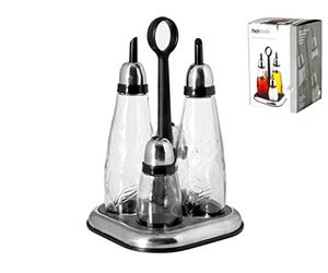 Home Set Huilier avec Support et Bouchon Chromé, Verre, Transparent, 4 pièces