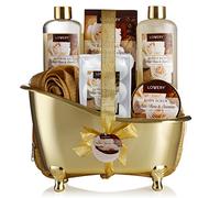 Home Spa Gift Basket, Luxury 13 Piece Bath & Body Set For Men & Women, White Rose & Jasmine Scent - Shower Gel, Bubble Bath, Body Scrubb, Sel, 6 Bath Bombs, Pouf, Cosmetic Bag & Gold Tub