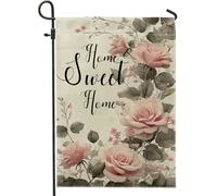Home Sweet Home Drapeau de jardin, bannière florale rose pêche pour décoration extérieure, drapeau double face en toile de jute pour décoration de la maison printemps été 30,5 x 45,7 cm