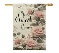 Home Sweet Home Drapeau de jardin, bannière florale rose pêche pour décoration extérieure, drapeau double face en toile de jute pour décoration de la maison printemps été 71 x 101,6 cm