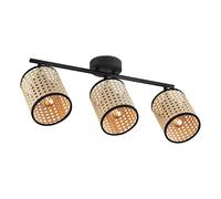 Home Sweet Home Paysan Plafonnier LED spot Ratan | 48/10/22cm | Noir | 3 lumières spot de plafond | rotin et en métal | Dimmable | ampoules LED incl. | E14 4W 400lm | lumière blanc chaud