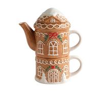 home&you - Théière avec Tasse Gingerhousi, 540 ml, en Dolomite, Service à Thé, Décoration de Noël, Maison en Pain d'Épices, pour Café et Tisane, 22.5x19x11.5 cm - Marron