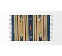 HOME ZEN HOUSEHOLD LINEN Tapis de bain cuisine chambre en coton art.kilim avec franges lavable en machine à motifs ethniques colorés (120 x 180 cm, motif 3 losange bleu)