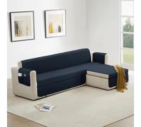 Homebliss Housse Canape d'angle 300cm Gauche/Droit Impermeable, Protege Canape Griffe Chat avec Accoudoirs, Couvre Canapé Universelle Réversible, Bleu