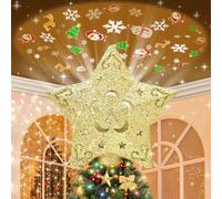 HOMEBROS Cimier de sapin de Noël éclairé doré 3D avec 2 modes de projection dynamiques, projecteur d'étoiles creuses à paillettes, lumières de projection rotatives LED intégrées pour décoration de