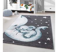 HomebyHome Élégant Tapis Enfant Bleu Éléphant 120 cm Rond - Tapis Bébé Douillet pour Chambre Fille et Garçon