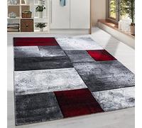 HomebyHome Tapis 120x170 cm à Poils Courts Coupe Contour Rouge Gris Blanc Motif Carreaux Extra Doux Lavable pour Salon Chambre Salle à Manger