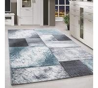 HomebyHome Tapis 160x230 cm à Poils Courts Coupe Contour Bleu Gris Blanc Motif Carreaux Lavable Extra Doux pour Salon Salle à Manger Chambre