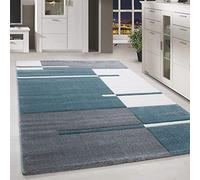 HomebyHome Tapis 200x290 cm à Poils Courts Coupe Contour Bleu Gris Blanc Motif Carreaux Extra Doux Lavable Facile d'entretien pour Salon Chambre Salle à Manger