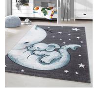 Homebyhome Tapis de Chambre pour Bébé et Enfant joli motif d'éléphant couleur bleu gris et blanc 80x150 cm