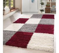 Homebyhome Tapis de Salon Shaggy à Poils Longs Rouge Tapis 200 x 290 cm Design à Carreaux Doux et Moderne