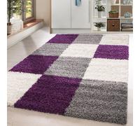 Homebyhome Tapis de Salon Shaggy à Poils Longs Violet Tapis 160 x 230 cm Design à Carreaux Doux et Moderne