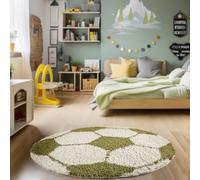 HomebyHome Tapis Enfant Football et Basketball Vert 100 cm Rond - Chambre Bébé Poil Long - Doux pour Fille et Garçon