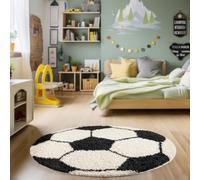 HomebyHome Tapis Enfant Rond Noir 120 cm - Conception Football et Basketball - Chambre Bébé, Fille et Garçon - Poil Long et Doux