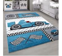 Homebyhome Tapis pour Chambre d'Enfant et de Bébé Motif Voiture de Course Couleur Bleu 80x150 cm