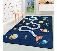 HomebyHome Tapis pour Enfants Poils Courts Conception de fusée planète Univers Chambre d'enfant de bébé Salle de Jeux Doux Lavable Rectangulaire Garçons Filles, Couleur :Marine, Taille:100x150 cm