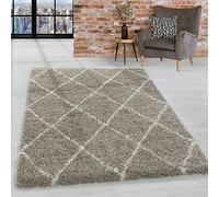 HomebyHome Tapis pour Salon et Chambre Shaggy Scandinave Diamant Design Beige et Blanc Tapis 120x170 cm - Tapis à Poils Hauts pour Salon Extra Doux Facile d'entretien