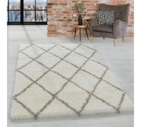 HomebyHome Tapis pour Salon et Chambre Shaggy Scandinave Diamant Design Beige et Blanc Tapis 200x290 cm - Tapis à Poils Hauts pour Salon Extra Doux Facile d'entretien
