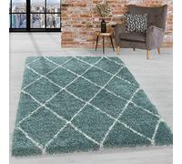 HomebyHome Tapis pour Salon et Chambre Shaggy Scandinave Diamant Design Bleu et Blanc Tapis 140x200 cm - Tapis à Poils Hauts pour Salon Extra Doux Facile d'entretien
