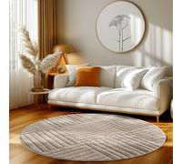 HomebyHome Tapis Rond 200 cm Beige à Poils Longs Design Scandi Boho à Carreaux Effet Relief Shaggy Doux Moelleux Robuste Facile à Nettoyer Moderne pour Chambre à Coucher