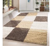 HomebyHome tapis Salon Moderne Chambre Moka 120x170 cm - Tapis Shaggy Salle de Séjour à Poils Longs Carreaux Concevoir Doux et Moelleux