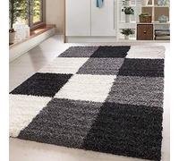 HomebyHome Tapis Salon Moderne Noir 80x250 cm - Shaggy à Poils Longs Carreaux pour Chambre, Salle de Séjour - Doux et Moelleux - Cuisine, Enfant, Moquette Coureur