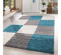 HomebyHome Tapis Salon Moderne Tapis Chambre Turquoise 160x230 cm - Tapis Shaggy Salle de Séjour à Poils Longs Carreaux Concevoir Doux et Moelleux - Tapis Cuisine Enfant Moquette Rectangulaire