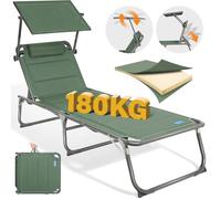 HOMECALL Bain de soleil Chaise longue pliante, éponge épaisse dossier réglable, pare-soleil, coussin, jusqu'à 180kg-Vert mousse