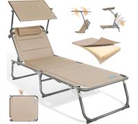 Homecall Chaise de jardin pliable avec toit, appuie-tête, dossier réglable en 5 positions, 200 x 70 cm, résistante aux intempéries, chaise longue de jardin, pliable, légère, jusqu'à 180 kg, pour