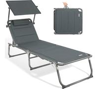 Homecall Chaise de jardin pliable avec toit, appuie-tête, dossier réglable en 5 positions, 200 x 70 cm, résistante aux intempéries, chaise longue de jardin, pliable, légère, jusqu'à 180 kg, pour