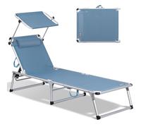 Homecall Chaise longue de jardin, légère, pliable, en aluminium, dossier réglable sur 5 positions, 190 x 60 cm, toit de protection solaire, jusqu'à 136 kg, avec toit pare-soleil bleu