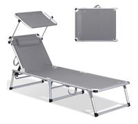 Homecall Chaise longue de jardin, légère, pliable, en aluminium, dossier réglable sur 5 positions, toit de protection solaire, jusqu'à 136 kg, avec toit pare-soleil gris