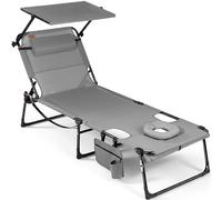 Homecall Chaise longue pliable avec ouverture pour le visage et toit ouvrant, dossier réglable en 4 positions, charge maximale : 180 kg, pour jardin, plage et camping, gris clair