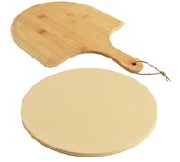 homEdge Ensemble de pierres à pizza rondes robustes en cordiérite pour pain, pizza, pierre de cuisson résistante aux chocs thermiques avec pelle à pizza en bambou - 25 cm de diamètre
