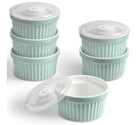 homEdge Lot de 6 ramequins en porcelaine avec couvercle, 240 ml, bol à crème glacée, pour crème brûlée, tasse à soufflé, pour pâtisserie, vert menthe