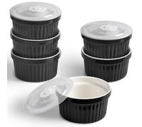 homEdge Lot de 6 ramequins en porcelaine avec couvercle, 240 ml, bol à crème glacée, pour crème brûlée, tasse à soufflé, pour pâtisserie, noir
