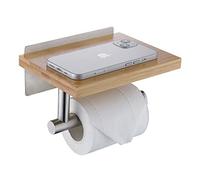 HomeHeng Porte-Rouleau de Papier Toilette avec étagère en Bambou Naturel, Porte-Papier Toilette Salle de Bain sans Perçage, Porte-Rouleau Nickel Brossé, H98903BN