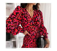 Homeilteds Printemps Long Lanterne Manchon imprimé enveloppe Robe Femmes élégantes Volants veaux Rouges Robes de fête Rouge Automne Une Ligne de Ligne Confortable (Color : Red, Size : L.)