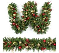 HomeKaren Guirlande de Noël de 2,7 m avec 50 LED, boules dorées et rouges contrôle des piles, décoration de Noël avec minuterie lumineuse pour cheminée d'escalier intérieur et extérieur